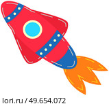 Colorful rocket with round window and flame. Launch of toy space object for playing with baby. Toy for children in form of rocket. Spaceship flies and releases fire isolated on white background. Colorful rocket with round window and flame. Launch of toy space object for playing with baby. Стоковая иллюстрация, агентство Ingram Publishing / Фотобанк Лори