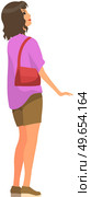 Woman holding handbag looking at something behind her. Side view of girl, vector illustration isolated on white background. Female character with short dark hair, dressed in shorts and shirt. Woman holding handbag looking at something behind her. Side view of girl vector illustration. Стоковая иллюстрация, агентство Ingram Publishing / Фотобанк Лори