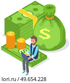 Man works on computer in banking sector. Money, bills and currency concept. Businessman sitting on dollar bills with laptop and working with finances. Male banker counts money in bank account. Businessman sitting on dollar bills with laptop and working with money, currency in bank account. Стоковая иллюстрация, агентство Ingram Publishing / Фотобанк Лори