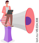 Social marketing concept. Man promoting online in social network using laptop and huge megaphone. Public relations and affairs, communication, advertising of goods on Internet, online marketer. Man promoting online in social network with laptop and megaphone. Social marketing concept. Стоковая иллюстрация, агентство Ingram Publishing / Фотобанк Лори