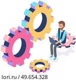 Operating system maintenance for web design. Customization technology. Adjusting app, setting options, repair, fixing. Man with laptop working with settigns program. Phone settigns development. Man with laptop working with settigns program. Operating system maintenance, adjusting app. Стоковая иллюстрация, агентство Ingram Publishing / Фотобанк Лори