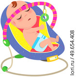 Baby sleeping in automatic bouncer, child gadjet swing bed. Chaise lounge for baby relaxation. Swing chair to put child to sleep and calm down. Chaise longue with toy, interior element for children. Baby sleeping in automatic bouncer, child gadjet swing bed. Chaise lounge for kid relaxation. Стоковая иллюстрация, агентство Ingram Publishing / Фотобанк Лори