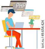 Programmer engineering and coding. Coder programmers working on web development on computer. Concept of script coding and programming in php, javascript, python, other languages. Software developers. Programmer engineering and coding. Set of programmers working on web development on computers. Стоковая иллюстрация, агентство Ingram Publishing / Фотобанк Лори