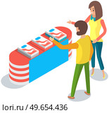 People near presentation stand. Leafleting, advertising campaign. Promoter advertises something to customer at exhibition. Woman giving advertisement, announcement, product information to man. Promoter advertises something to customer at exhibition. Woman giving advertisementro man. Стоковая иллюстрация, агентство Ingram Publishing / Фотобанк Лори
