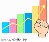 Graph presentation with diagram and human hand with raised fist symbol of strength and fortitude. Business statistics and analytics with growing lines. Financial indicators and mathematical dynamics. Graph presentation with diagram and human hand, raised fist symbol of strength, success in business. Стоковая иллюстрация, агентство Ingram Publishing / Фотобанк Лори