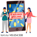 Concept of using Internet, online games and modern gadgets. Guy uses phone and headphones and listens to music. Big phone with casino online on screen. Girl surfing internet and communicating by phone. Concept of using Internet, online games and modern gadgets. Big phone with casino online application. Стоковая иллюстрация, агентство Ingram Publishing / Фотобанк Лори