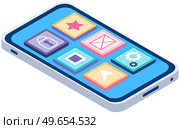 Smartphone and standard mobile applications on screen. Programming technology, software development, apps for electonic device. Development of mobile application, program for phone modern gadget. Smartphone and standard mobile applications on screen. Programming, software development, apps. Стоковая иллюстрация, агентство Ingram Publishing / Фотобанк Лори