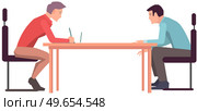 Man attending meeting with company. Employment, work application, interview concept. Clerk during interview with boss, manager. Male characer applying for job. Interviewer records data of applicant. Man applying for job, having interview with boss of company. Employment, work application concept. Стоковая иллюстрация, агентство Ingram Publishing / Фотобанк Лори