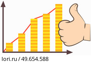 Graph presentation with diagram and human hand showing symbol ok thumb up. Business statistics and analytics with growing lines. Financial indicators and mathematical dynamics with ok sign. Graph presentation with diagram and human hand showing symbol Like thumb up, success in business. Стоковая иллюстрация, агентство Ingram Publishing / Фотобанк Лори