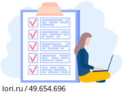 Woman sitting with laptop near big paper clipboard with check marks, to do list. Successful time management, schedule planning. Female character with checklist, task planner program on computer. Woman sitting with laptop near big paper clipboard with check marks, to do list, planning schedule. Стоковая иллюстрация, агентство Ingram Publishing / Фотобанк Лори
