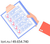 Clipboard with checklist, daily plan with red tick marks in human hand. To do list, questionnaire form concept. Check sheet, scheduling timetable, planning schedule, time management, task completed. Clipboard with checklist, daily plan with red tick marks, questionnaire form in human hand. Стоковая иллюстрация, агентство Ingram Publishing / Фотобанк Лори