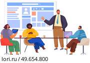 Business team works with design of customer profile. Employees create account in social media. Internet browser window with open social network. People configure profile with user data and photo. Business team works with design of customer profile. Employees create account in social media. Стоковая иллюстрация, агентство Ingram Publishing / Фотобанк Лори