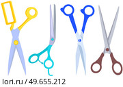 Various shapes scissors set. Tool made of blades and plastic handles. Equipment for creativity, cutting materials. Iron scissors with colorful handles isolated on white. Sharp cutting tool, clippers. Various shapes scissors set. Tool made of blades and plastic handles. Equipment for creativity. Стоковая иллюстрация, агентство Ingram Publishing / Фотобанк Лори