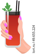Salty drink, cocktail party glass with parsley. Spicy alcoholic tomato cocktail. Alcohol, beverage from bar in woman hand. Bloody Mary, tomato juice and vodka drink in glass decorated with green. Bloody Mary, tomato juice and vodka drink in glass. Spicy alcoholic cocktail decorated with parsley. Стоковая иллюстрация, агентство Ingram Publishing / Фотобанк Лори