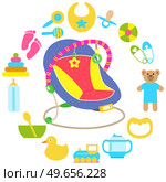 Automatic baby bouncer, child gadjet swing bed. Chaise lounge for baby relaxation surrounded by child care objects, newborn items supplies. Swing chair near toys and objects for plying with kid. Chaise lounge for baby relaxation surrounded by child care objects, newborn items supplies. Стоковая иллюстрация, агентство Ingram Publishing / Фотобанк Лори