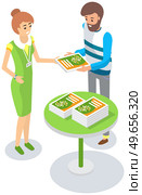 Woman distributes product samples. Leafleting, advertising, marketing campaign concept. Distributor advertises, promotes to customer. Female promoter giving product catalog with advertisement to man. Female promoter giving paper with advertisement to man. Lady advertises, promotes to customer. Стоковая иллюстрация, агентство Ingram Publishing / Фотобанк Лори