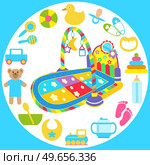 Automatic baby bouncer, child gadjet swing bed. Chaise lounge for baby relaxation surrounded by child care objects, newborn items supplies. Swing chair near toys and objects for plying with kid. Chaise lounge for baby relaxation surrounded by child care objects, newborn items supplies. Стоковая иллюстрация, агентство Ingram Publishing / Фотобанк Лори