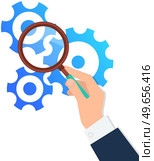 Gears, settings and businessman hand with magnifying glass vector illustration. Setting options, maintenance, fixing, financial strategy concept. Working with mechanism, technical development. Gears and businessman hand with magnifying glass. Setting options, maintenance, fixing concept. Стоковая иллюстрация, агентство Ingram Publishing / Фотобанк Лори