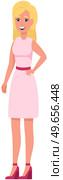 Pretty girl with beautiful hair in pink dress. Representative of fair sex, young blonde woman in dress and heels. Smiling lady in sundress standing with hand on her waist isolated on white background. Pretty girl with beautiful hair in pink dress. Representative of fair sex, young blonde woman. Стоковая иллюстрация, агентство Ingram Publishing / Фотобанк Лори