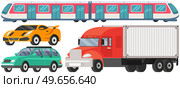 Various types of freight, passenger and public transport. Set of automobiles for different purposes. Sports and passenger car, wagon, train. Ground and underground vehicles vector illustration. Various types of freight, passenger and public transport. Ground and underground vehicles, cars. Стоковая иллюстрация, агентство Ingram Publishing / Фотобанк Лори