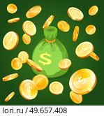 Large cloth bag with dollar symbol. Sack with coins as symbol of wealth and success. Container with money isolated on green background. Income and high earnings in cash. Dollar coins fall into bag. Large cloth bag with dollar symbol coins fall into bag. Sack with money symbol of wealth and success. Стоковая иллюстрация, агентство Ingram Publishing / Фотобанк Лори