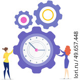 Idea of time management, planning schedule and deadline. Workflow of business manager concept. Women dealing with time management, deadline, settings, maintenance. People near gears and clocks. Women dealing with time management, deadline, settings, maintenance. People near gears and clocks. Стоковая иллюстрация, агентство Ingram Publishing / Фотобанк Лори