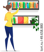 Woman chooses book on shelf. Literature for reading, education. Bookshelves with textbooks, manuals, fiction. Lady takes book from bookshelf. Paper edition, reading literature vector illustration. Woman chooses book on shelf. Literature for reading, paper edition of textbooks, fiction concept. Стоковая иллюстрация, агентство Ingram Publishing / Фотобанк Лори