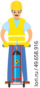 Man holding device for transportation of gas cylinder, canister with fuel. Worker near metal tank with liquefied compressed petroleum, propane on cart with wheels. Person holds pessurized gas storage. Man holding device for transportation of gas cylinder, canister with fuel on cart with wheels. Стоковая иллюстрация, агентство Ingram Publishing / Фотобанк Лори