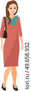 Trendy woman holding clutch bag. Stylish young businesswoman in elegant dress standing with handbag. Smiling female character in fashionable apparel. Girl in heels while walking vector illustration. Stylish young woman in elegant dress standing with handbag. Smiling lady in fashionable apparel. Стоковая иллюстрация, агентство Ingram Publishing / Фотобанк Лори