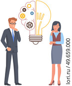 People with logical, analytical, strategic, structural thinking mental mindset type. Mind behavior, mental perceiving, psychological concept with businessman and scheme, woman with technical mindset. People with logical, analytical, strategic thinking mental mindset type, personality predisposition. Стоковая иллюстрация, агентство Ingram Publishing / Фотобанк Лори