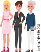 All age groups of europeans. Woman of different generations concept. Stages of development of women, adolescence, maturity, old age. Elderly, adult and young ladies in business and casual clothes. Woman of different generations. Stages of development of women, adolescence, maturity, old age. Стоковая иллюстрация, агентство Ingram Publishing / Фотобанк Лори
