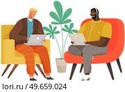 Working male characters employee in office sitting on armchair with computer typing on keyboard communicating. Men freelancers sitting at home with laptop. Business team with tablet pc doing work. Working male characters employee in office sitting on armchair with computer typing on keyboard. Стоковая иллюстрация, агентство Ingram Publishing / Фотобанк Лори