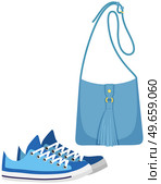 Fashion shoes and bag isolated on white. Stylish elements of womens wardrobe gumshoes in casual youth style boots and handbag, footwear and pouch, female accessories fashionable trendy collection. Fashion shoes and bag isolated on white. Stylish elements of womens wardrobe in casual youth style. Стоковая иллюстрация, агентство Ingram Publishing / Фотобанк Лори