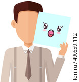 Businessman holding picture of cute kawaii amused face. Manga style eyes and mouths. Funny japanese facial expression. Eastern kawaii anime culture elements. Male character shows emotion of surprise. Businessman holding picture of cute kawaii amused face. Male character shows emotion of surprise. Стоковая иллюстрация, агентство Ingram Publishing / Фотобанк Лори