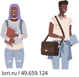 Black-skinned school pupils or college students standing with books. Portrait of smiling people with backpacks. Diverse college, university students, couple from africa with notebooks studying. Black-skinned school pupils or college students standing with books. Multicultural couple studying. Стоковая иллюстрация, агентство Ingram Publishing / Фотобанк Лори
