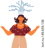 Woman with logical, analytical, strategic, structural thinking mental mindset type. Mind behavior, mental perceiving, psychological concept with girl and scheme, female with technical mindset. Woman with logical, analytical, strategic thinking mental mindset type, personality predisposition. Стоковая иллюстрация, агентство Ingram Publishing / Фотобанк Лори