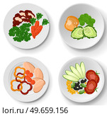Fresh vegetables on plate. Paprika, carrots, radishes, lettuce and artichoke platter. Healthy dish of fresh food. Dish for restaurant, dishware with food. Assorted fresh natural vegetables on plate. Assorted fresh natural vegetables on plate. Paprika, carrots, radishes, lettuce and artichoke dish. Стоковая иллюстрация, агентство Ingram Publishing / Фотобанк Лори