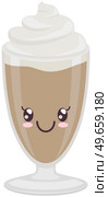 Cute coffee latte with froth and syrup sticker kawaii icon vector design. Adorable hot drink in glass with positive emotion, japanese, oriental culture symbol anime, innocence and childishness. Cute coffee latte with froth and syrup sticker kawaii. Hot drink in glass with positive emotion. Стоковая иллюстрация, агентство Ingram Publishing / Фотобанк Лори