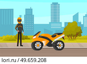 Biker rides motorcycle along city road. Motorcyclist riding vehicle. Male character drives motorbike isolated on white background. Man in racer overalls and helmet sitting on sports bike side view. Biker rides motorcycle along city road. Man in racer overalls and helmet motorcyclist riding vehicle. Стоковая иллюстрация, агентство Ingram Publishing / Фотобанк Лори