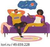 Woman and man dreaming, thinking about space, planets, dark sky and stars. Young couple relax, fantasize and sit on couch on white background at home. Happy people smile and dream of constellations. Young couple relax, fantasize and sit on couch at home, isolated dreaming people communicate. Стоковая иллюстрация, агентство Ingram Publishing / Фотобанк Лори