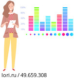 Woman studies statistics on presentation. Female character while working or studying with report. Girl working and analyzing financial statistics. Female marketer examines information about metrics. Woman studies statistics on presentation. Female character while working or studying with report. Стоковая иллюстрация, агентство Ingram Publishing / Фотобанк Лори