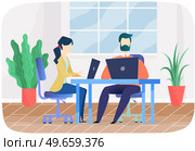 Employees entrepreneurs working at office desks. Business team sitting with laptop surfing internet. Group of managers uses computers, modern technologies for work. Clerks, office workers at workplace. Business team sitting with laptop surfing internet. Group of managers uses computers for work. Стоковая иллюстрация, агентство Ingram Publishing / Фотобанк Лори