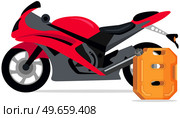 Orange canister with lid near motorbike. Preserving container for storing propane. Canister with fuel for refueling vehicles. Motorcycle refueling substance storage equipment vector illustration. Motorcycle refueling substance storage equipment. Canister with fuel for vehicle, motorbike. Стоковая иллюстрация, агентство Ingram Publishing / Фотобанк Лори