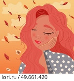 Beautiful red haired girl leaning on her hand with closed eyes, daydreaming, with autumn leaves falling and clouds. Colorful illustration. Vector. . Стоковая иллюстрация, агентство Ingram Publishing / Фотобанк Лори