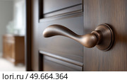 Elegant wooden door handle inviting entry into a warm interior space. Элегантная деревянная дверная ручка, приглашающая войти в теплое внутреннее пространство. Стоковое AI-изображение, AI-художник Katsiaryna Repich / Фотобанк Лори