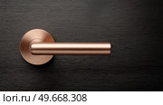 Modern copper door handle on a sleek dark wood background in a stylish setting. Современная медная дверная ручка на фоне гладкого темного дерева в стильном интерьере. Стоковое AI-изображение, AI-художник Katsiaryna Repich / Фотобанк Лори