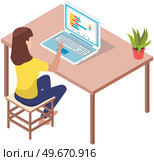 Woman studies statistics on screen. Female character while working or studying with computer. Girl working and analyzing financial statistics. Female marketer examines information about metrics. Woman studies statistics on screen. Female character while working or studying with computer. Стоковая иллюстрация, агентство Ingram Publishing / Фотобанк Лори