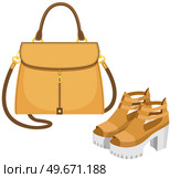 Fashion shoes and bag isolated on white. Stylish elements of womens wardrobe in casual youth style orang boots and handbag, footwear and pouch, female accessories fashionable trendy collection. Fashion shoes and bag isolated on white. Stylish elements of womens wardrobe in casual youth style. Стоковая иллюстрация, агентство Ingram Publishing / Фотобанк Лори