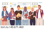 Businessteam stands in front of screen with chart, statistics. Office workers have creative idea for company finance development. Colleagues conduct analytics of statistical data, diagram on banner. Colleagues conduct analytics of statistical data. Businessteam analyse statistics, diagrams. Стоковая иллюстрация, агентство Ingram Publishing / Фотобанк Лори