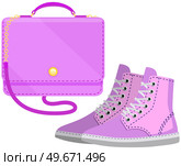 Fashion shoes and bag isolated on white. Stylish elements of womens wardrobe in casual youth style pink boots and handbag, footwear and pouch, female accessories fashionable trendy collection. Fashion shoes and bag isolated on white. Stylish elements of womens wardrobe in casual youth style. Стоковая иллюстрация, агентство Ingram Publishing / Фотобанк Лори